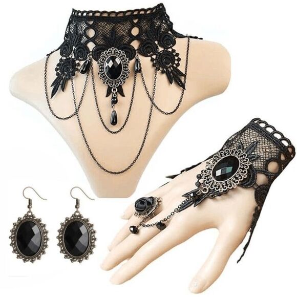 3PCS Gothic Victorian Vintage Retro Halloween Costume Black Accessories Set NEW - Picture 5 of 16
